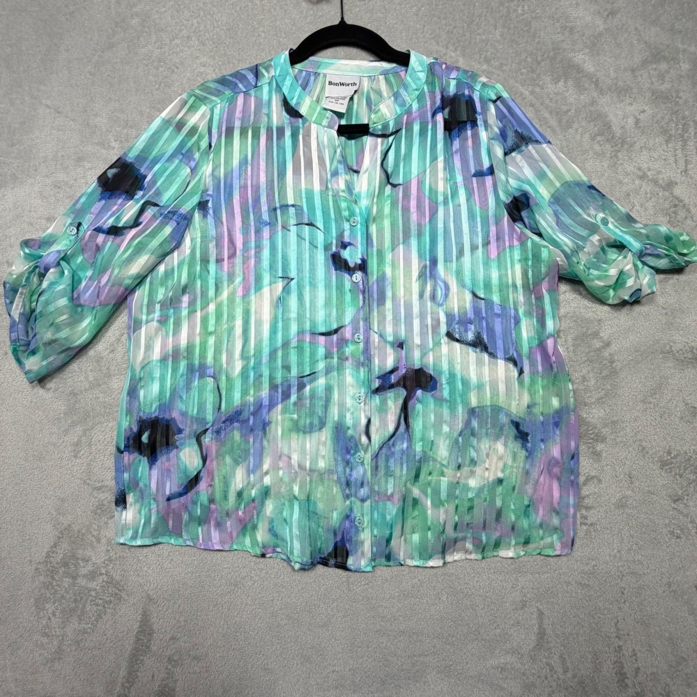 Vintage BonWorth Watercolor Floral Sheer Stripe Blouse Size XL Teal Blue 90s‎